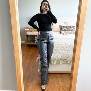 Classiques Entier Vintage High Rise Black Leather Pants Wide Leg Leather Trouser